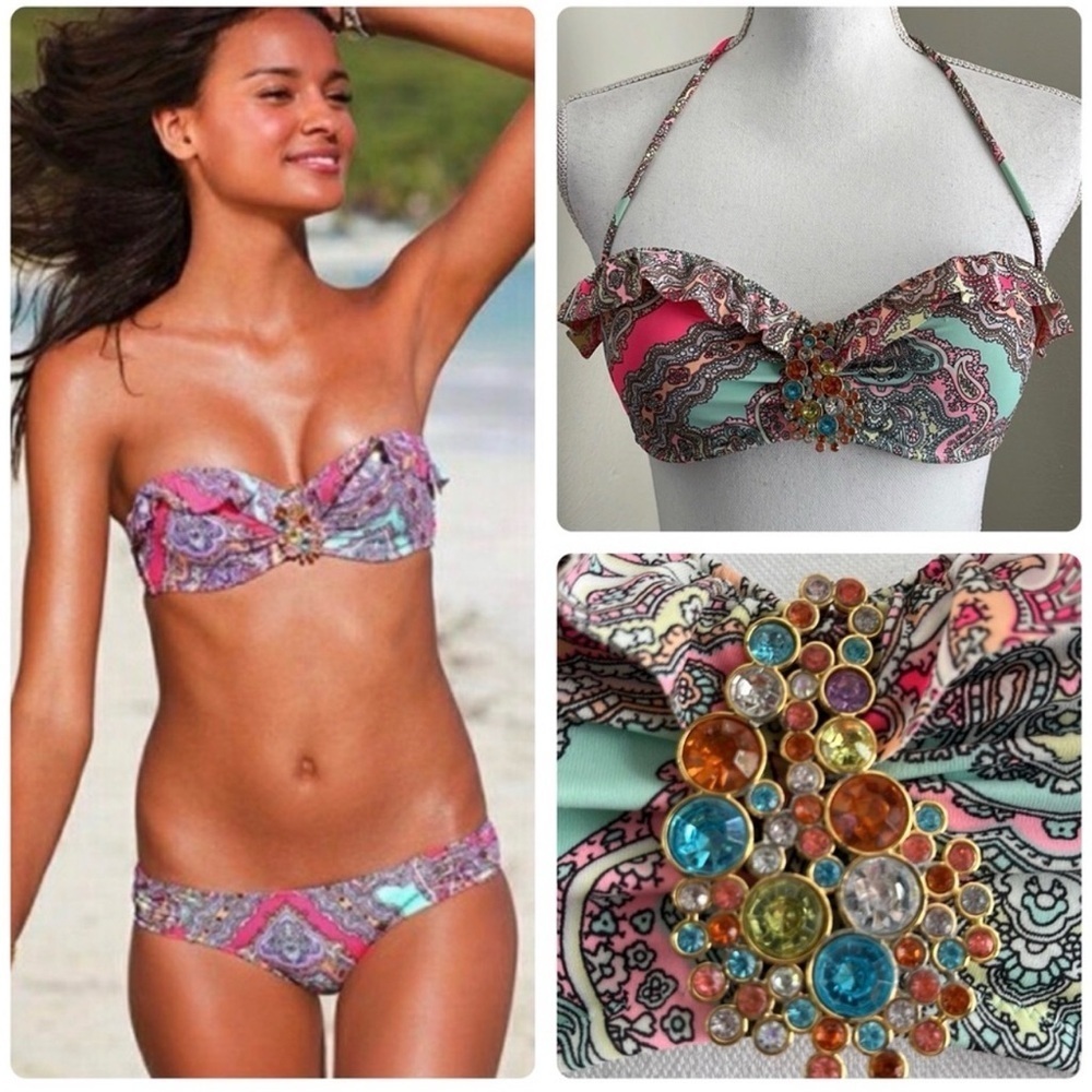 Victoria's Secret Ruch Push-Up Bikini Top 34D Paisley Medium Matching Bottoms - Picture 1 of 9